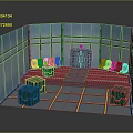 Cartoon Scene Interior With Blue Seats Green Boxes And Yellow Lined Floor