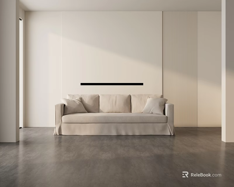Minimalist Living Room Three Seater Beige Linen Sofa With White Walls And Grey Floor 3d model 