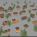 Various Thatched Houses Surrounded by Green Trees in Natural Rural Setting