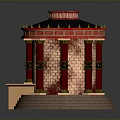 Ancient Style Pavilion Structure With Red Columns Black Roof Decorative Spikes And Brick Walls