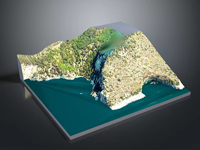 Detailed Terrain Model Featuring Mountainous Landscape Green Vegetation And Blue Coastal Waters 3d model