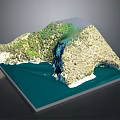 Detailed Terrain Model Featuring Mountainous Landscape Green Vegetation And Blue Coastal Waters