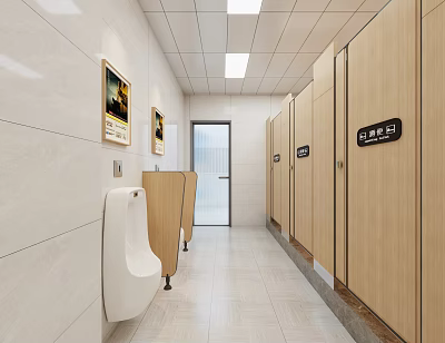 Clean Modern Public Restroom Interior With Wooden Cubicles Urinal Tile Walls And Wall Posters 3d model