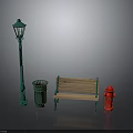 Outdoor Scene Components With Green Street Lamp Trash Can Wooden Bench And Red Fire Hydrant
