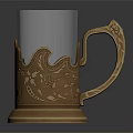 Vintage Glass Mug With Transparent Body Golden Carved Handle Intricate Patterns And Golden Base