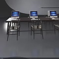 Modern Office Workspace With Wooden Desk Three Computers And Chairs 3d model