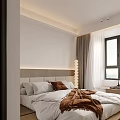 Modern Bedroom Interior with Bed Headboard Pillows Blanket Nightstand Pendant Light and Curtains