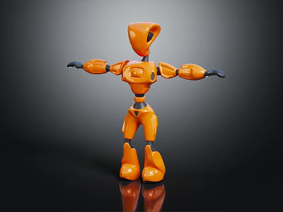 Orange Humanoid Robot Figure Standing With Extended Arms And Shiny Surface 3d model