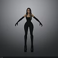 Woman in Black Tight Fitting Outfit with Long Gloves and High Heels against Gray Background