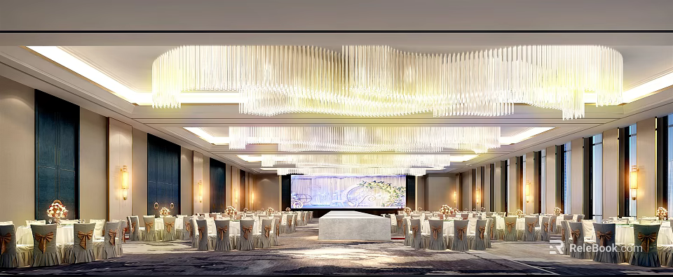 Elegant Banquet Hall Interior With Crystal Chandeliers Stage Dining Tables And Chairs 3d model 