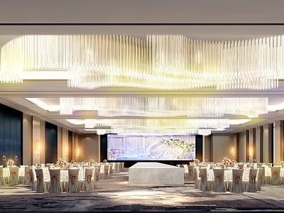 Elegant Banquet Hall Interior With Crystal Chandeliers Stage Dining Tables And Chairs 3d model