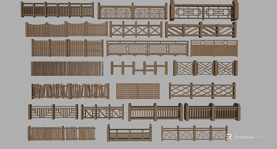 Diverse Collection of Wooden Railings Showcasing Intricate Patterns and Designs 3d model 