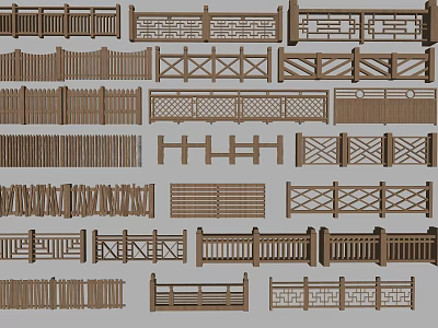Diverse Collection of Wooden Railings Showcasing Intricate Patterns and Designs 3d model