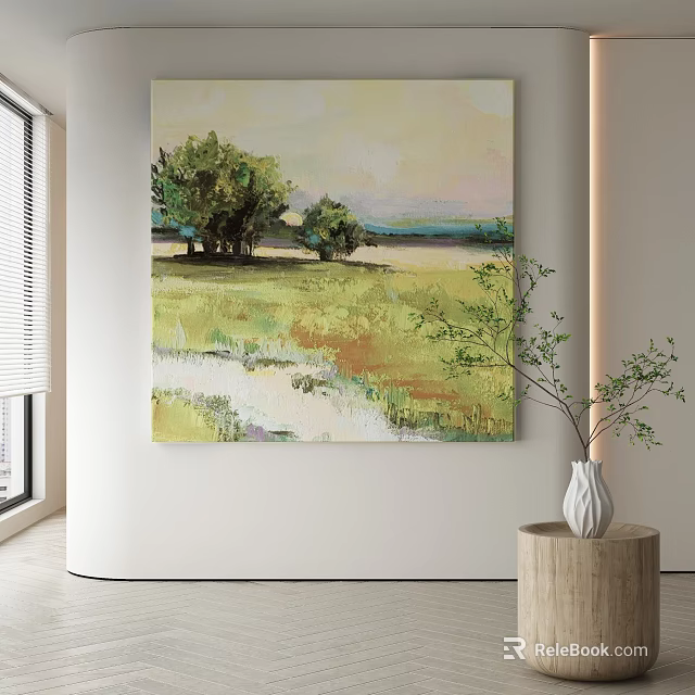 Earthy Abstract Painting with Green Trees Grassland and Horizon on White Wall 3d model 