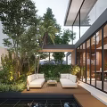 Modern Garden Landscape Design With Lush Green Plants Outdoor Sofas Wooden Deck And Water Pool