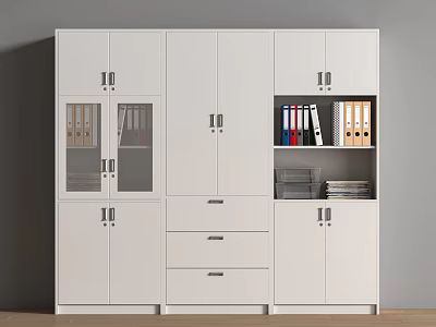 White Office Storage Cabinet With Glass Doors Open Shelves Drawers And Folders 3d model