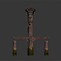 Traditional Japanese Torii Gate Wooden Structure With Curved Lintel And Stone Bases