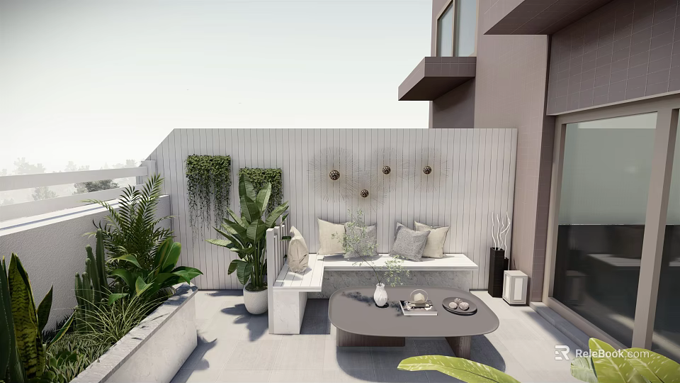 Rooftop Garden Outdoor Space With Green Plants Sofa Coffee Table And Wall Decor 3d model 