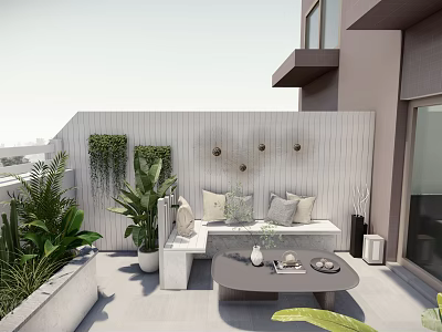 Rooftop Garden Outdoor Space With Green Plants Sofa Coffee Table And Wall Decor 3d model