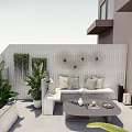 Rooftop Garden Outdoor Space With Green Plants Sofa Coffee Table And Wall Decor