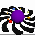 Cosmic Astronomy Display Featuring Purple Sphere Black Curved Structures Colorful Small Spheres And Yellow Stars