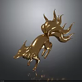 Golden Multi Tailed Fox 3D Character in Dynamic Pose with Metallic Shine on Dark Background 3d model
