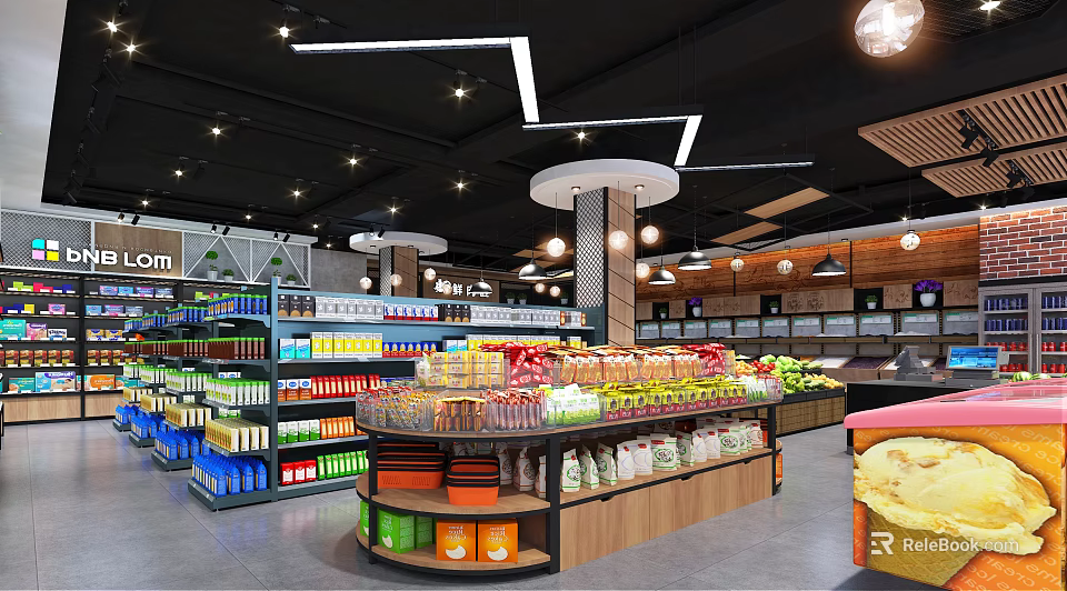 Well Organized Supermarket Interior With Shelves Of Groceries Fresh Produce Drinks And Snacks 3d model 