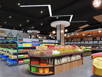 Well Organized Supermarket Interior With Shelves Of Groceries Fresh Produce Drinks And Snacks 3d model