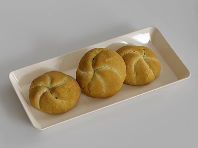 Three Pieces of Fresh Bread on White Rectangular Plate with Light Gray Background 3d model
