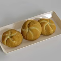 Three Pieces of Fresh Bread on White Rectangular Plate with Light Gray Background 3d model
