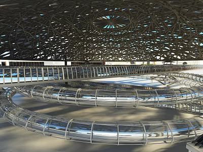 Spacious Interior With Circular Metal Tubes And Lattice Roof Structure 3d model