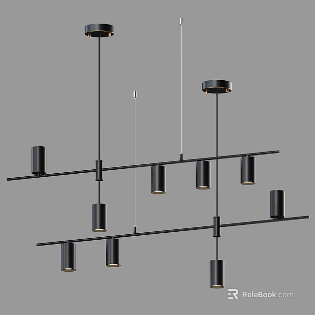 Modern Black Linear Chandelier Featuring Multiple Cylindrical Lamps And Sleek Design 3d model