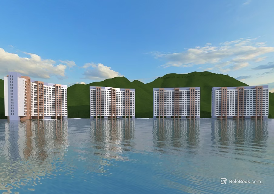 Modern Hotel Buildings With Waterfront Mountain View And Blue Sky Reflections 3d model 