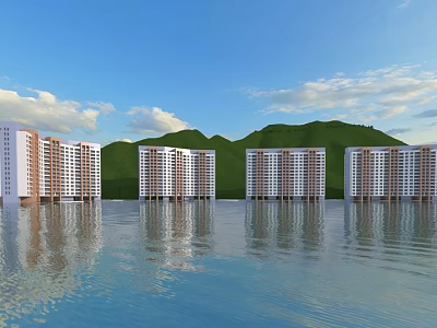 Modern Hotel Buildings With Waterfront Mountain View And Blue Sky Reflections 3d model