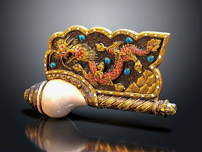 Traditional Intricately Decorated Conch Shell With Golden Dragon And Blue Gemstones 3d model