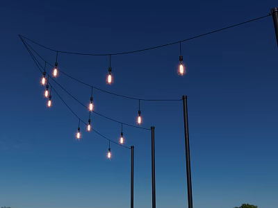 Outdoor Hanging Decorative String Lights With Black Poles Against Blue Sky Evening 3d model