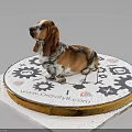 Brown and white Basset Hound sitting on circular platform decorated with gear patterns 3d model