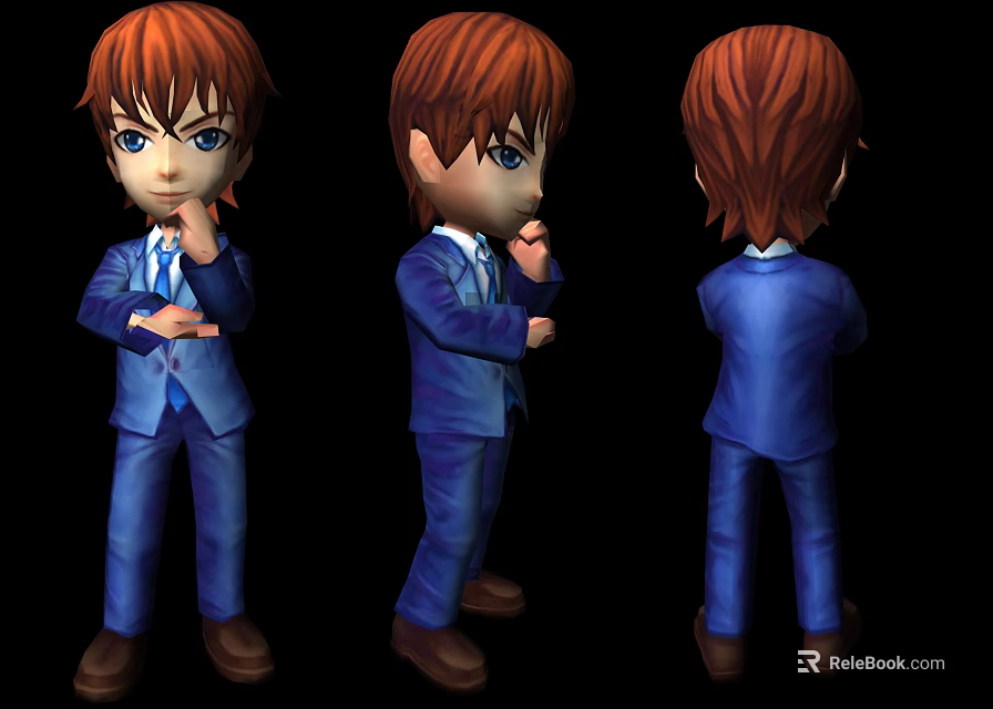 Game Movie Character 3D Model Orange Hair Blue Eyes Blue Suit Thinking Pose Multiple Angles 3d model 