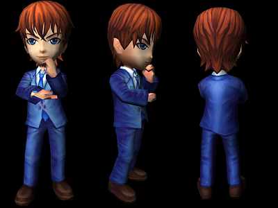 Game Movie Character 3D Model Orange Hair Blue Eyes Blue Suit Thinking Pose Multiple Angles 3d model