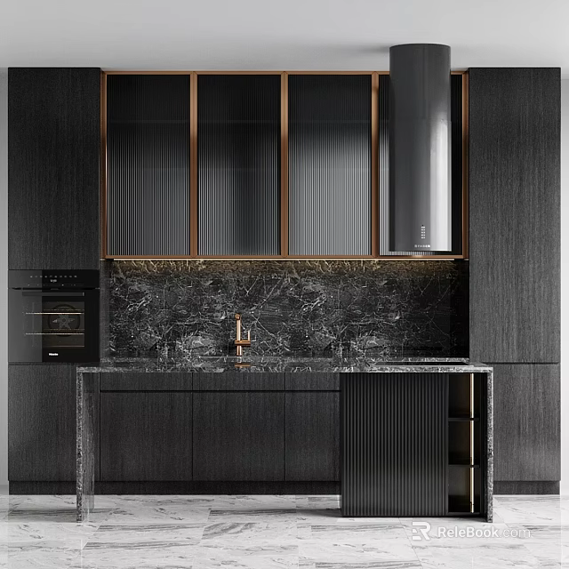 Modern Kitchen Interior Featuring Dark Cabinets Glass Doors And Marble Countertop 3d model 