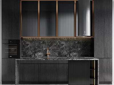 Modern Kitchen Interior Featuring Dark Cabinets Glass Doors And Marble Countertop 3d model