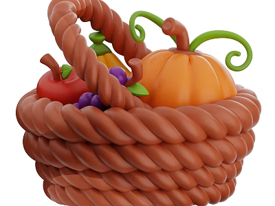 Colorful Fresh Fruits in Woven Basket with Pumpkin Apple and Grapes 3d model