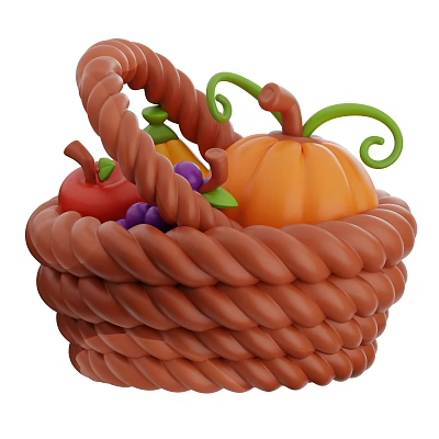 Colorful Fresh Fruits in Woven Basket with Pumpkin Apple and Grapes 3d model