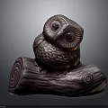 Dark Brown Owl Statue Sitting On Wooden Log With Texture Details
