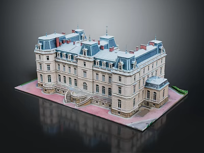 Detailed European Style Building Model With Blue Roof Steps And Red Base 3d model