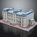 Detailed European Style Building Model With Blue Roof Steps And Red Base