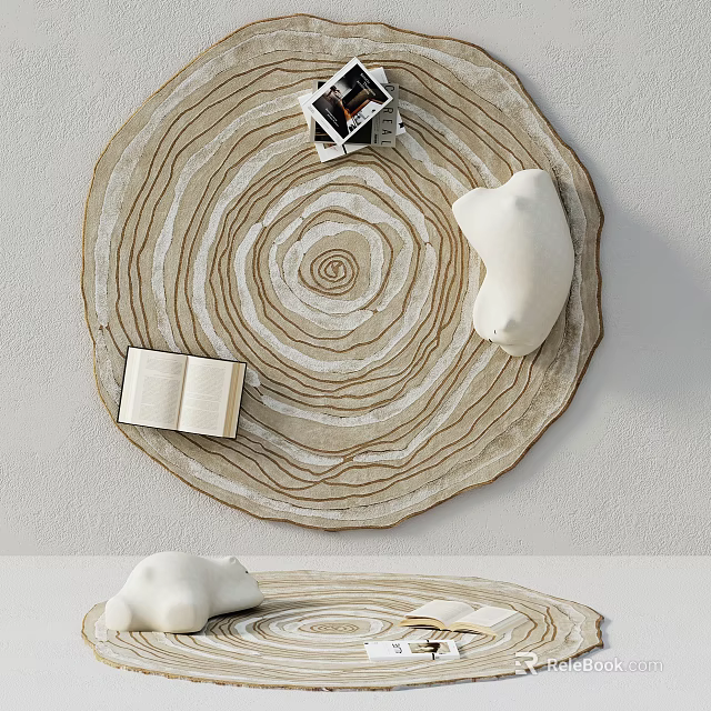 Circular Stylish Rug With Tree Ring Pattern And White Bear Figurine Open Book 3d model 