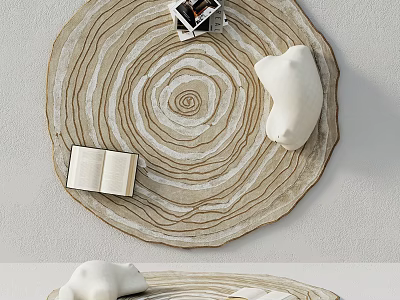 Circular Stylish Rug With Tree Ring Pattern And White Bear Figurine Open Book 3d model
