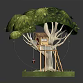 Wooden Tree House With Green Leafy Canopy Small Cabin Wooden Ladder And Grass Base