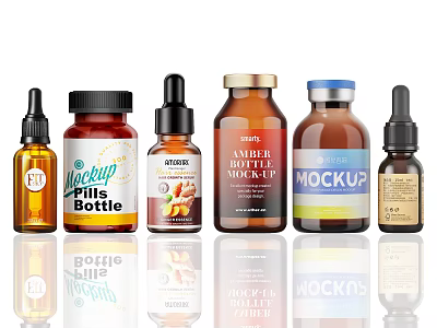 Various Pill And Supplement Bottles With Amber Glass And Different Mockup Designs 3d model